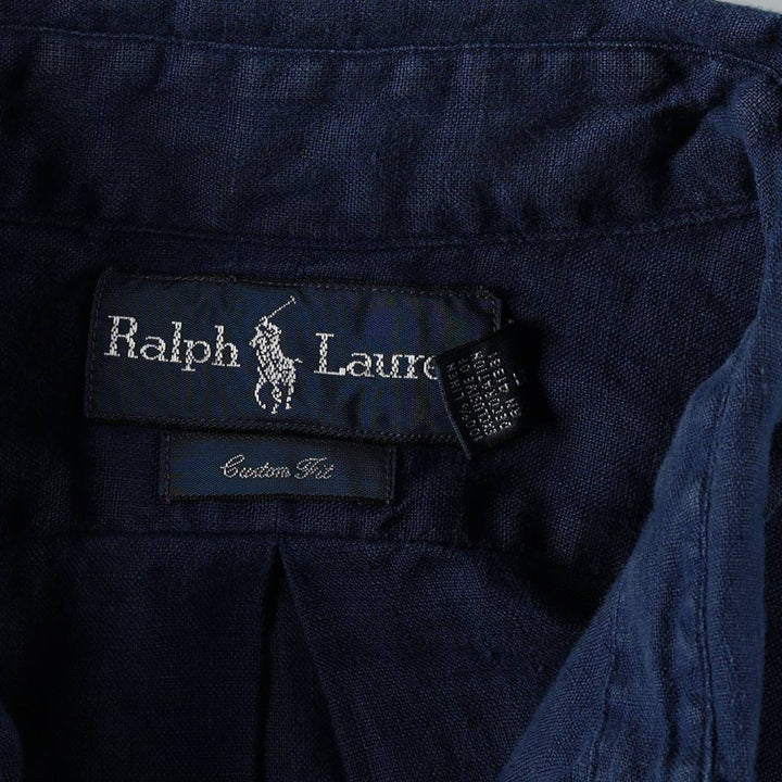Ralph Lauren CUSTOM FIT long sleeve linen button down shirt, men's size M linen navy blue type Vintage Second Hand