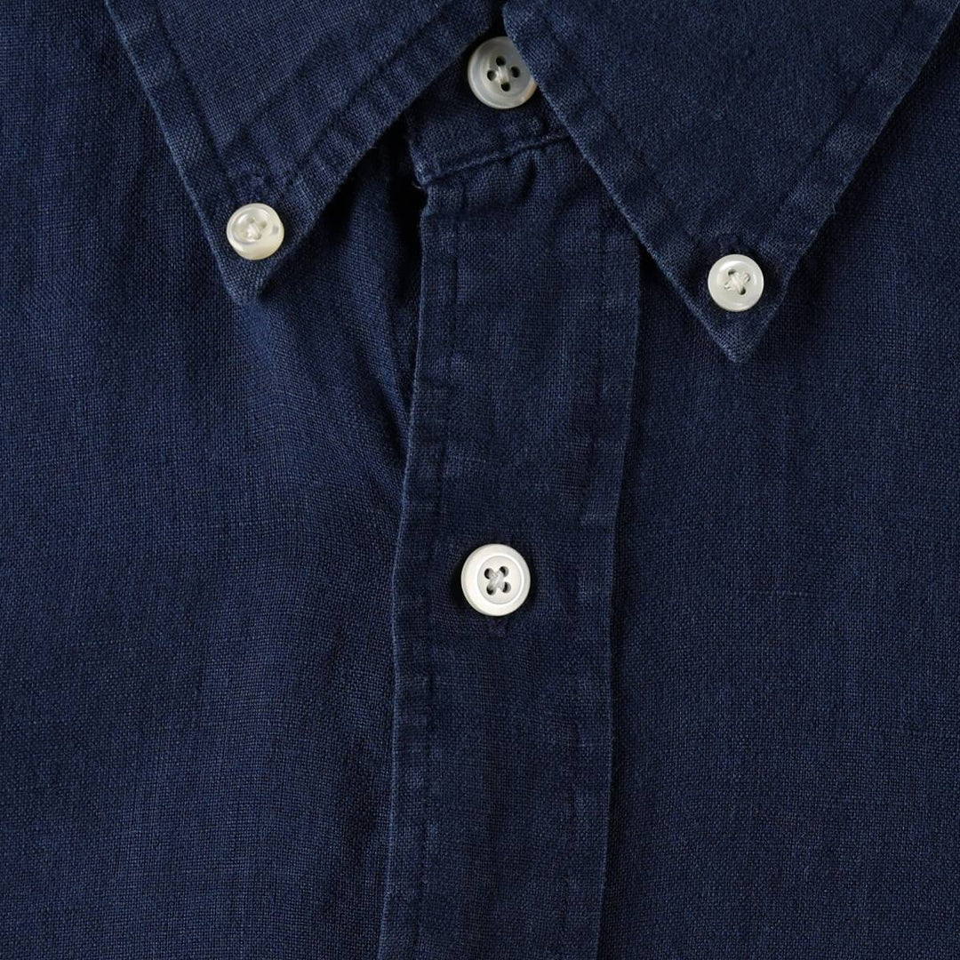 Ralph Lauren CUSTOM FIT long sleeve linen button down shirt, men's size M linen navy blue type Vintage Second Hand