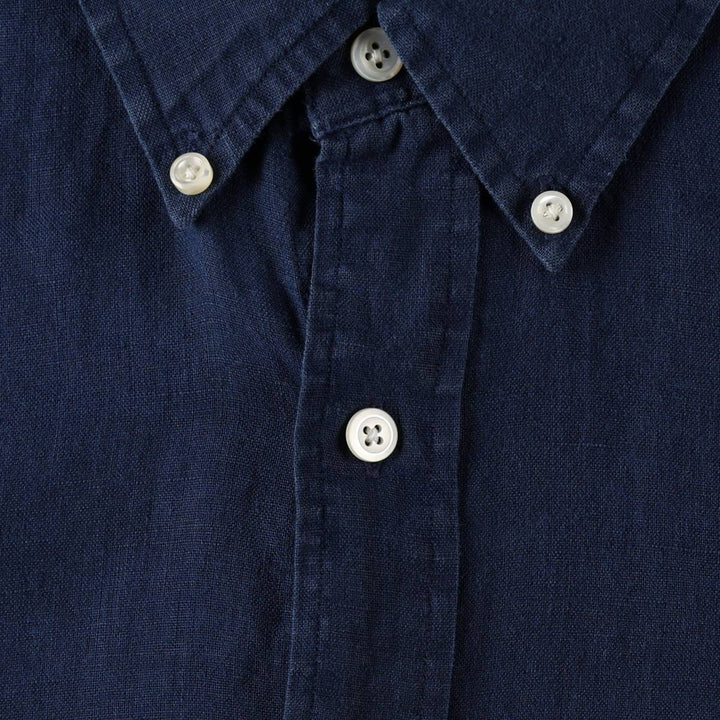 Ralph Lauren CUSTOM FIT long sleeve linen button down shirt, men's size M linen navy blue type Vintage Second Hand