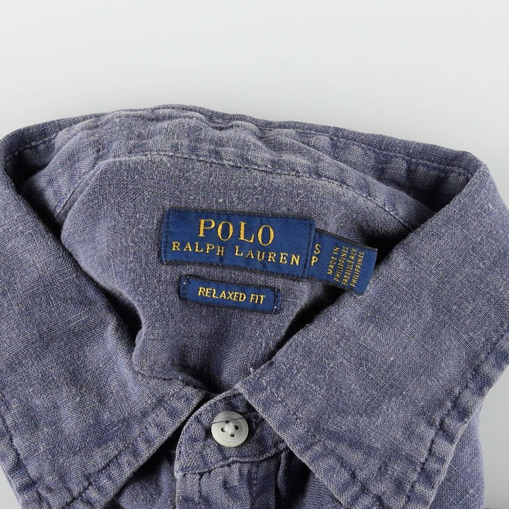 Ralph Lauren Relaxed Fit Long-Sleeve Linen Shirt, Men's Size S (approx.) linen navy blue type Vintage Second Hand