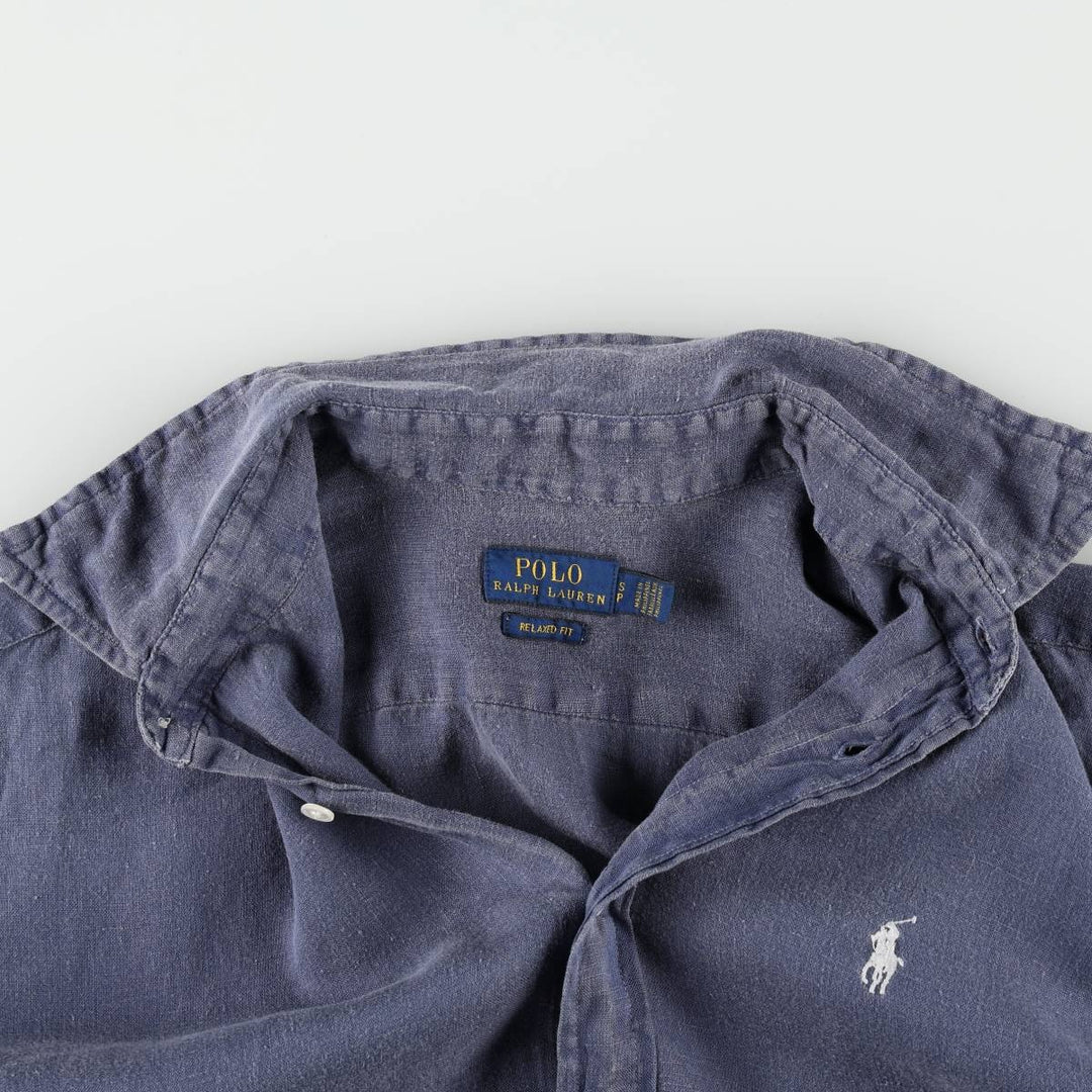 Ralph Lauren Relaxed Fit Long-Sleeve Linen Shirt, Men's Size S (approx.) linen navy blue type Vintage Second Hand