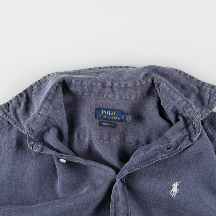 Ralph Lauren Relaxed Fit Long-Sleeve Linen Shirt, Men's Size S (approx.) linen navy blue type Vintage Second Hand