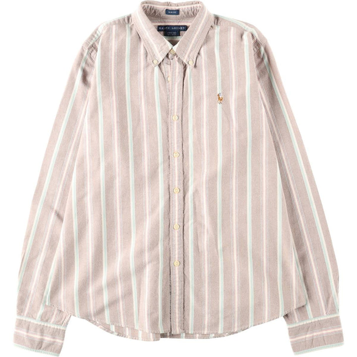 Ralph Lauren Slim Fit Multi-Stripe Long-Sleeve Button-Down Striped Shirt, Women's Size M (approx.) cotton brown type Vintage Second Hand