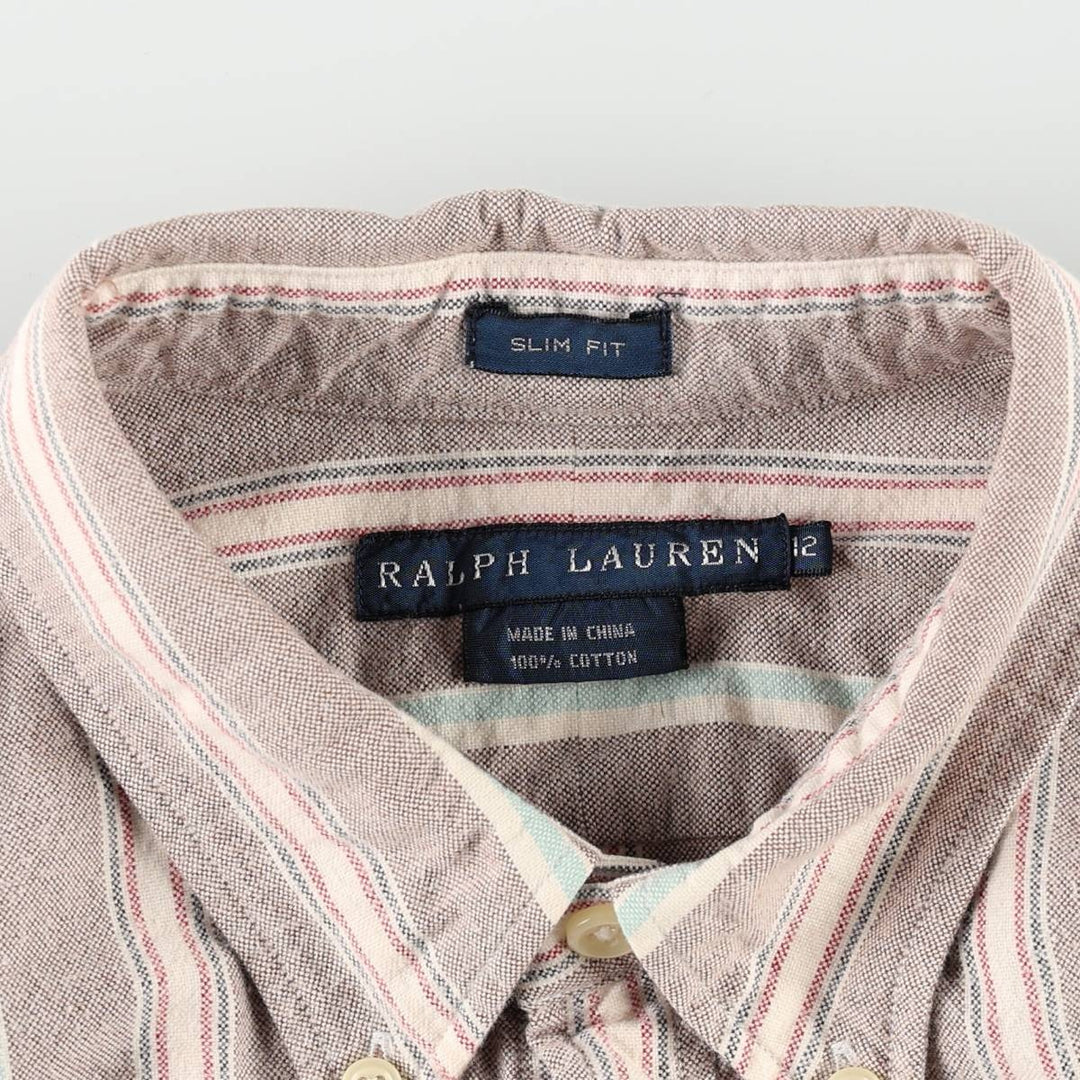 Ralph Lauren Slim Fit Multi-Stripe Long-Sleeve Button-Down Striped Shirt, Women's Size M (approx.) cotton brown type Vintage Second Hand