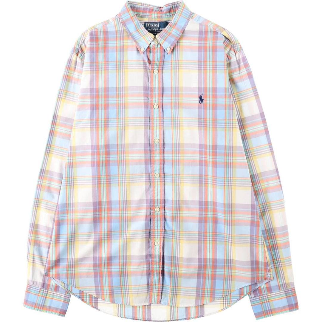 Ralph Lauren POLO by Ralph Lauren SLIM FIT Madras Check Long Sleeve Button-Down Check Shirt (Women's Size L equivalent) cotton Blue type light blue Vintage Second Hand