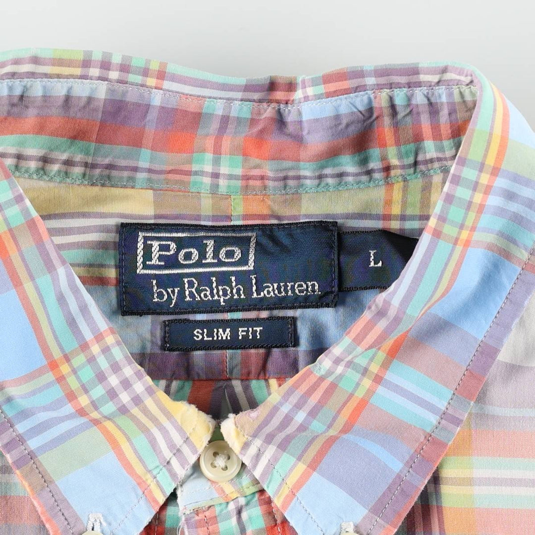 Ralph Lauren POLO by Ralph Lauren SLIM FIT Madras Check Long Sleeve Button-Down Check Shirt (Women's Size L equivalent) cotton Blue type light blue Vintage Second Hand
