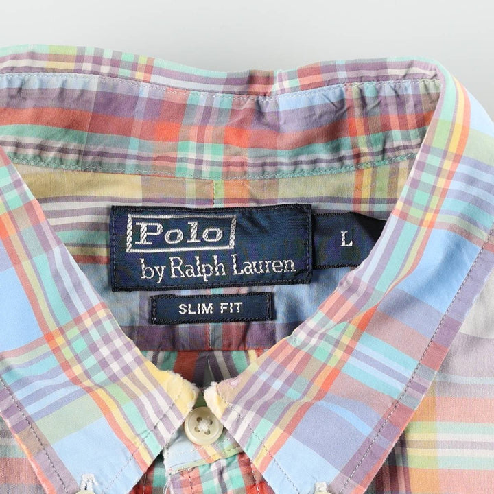 Ralph Lauren POLO by Ralph Lauren SLIM FIT Madras Check Long Sleeve Button-Down Check Shirt (Women's Size L equivalent) cotton Blue type light blue Vintage Second Hand