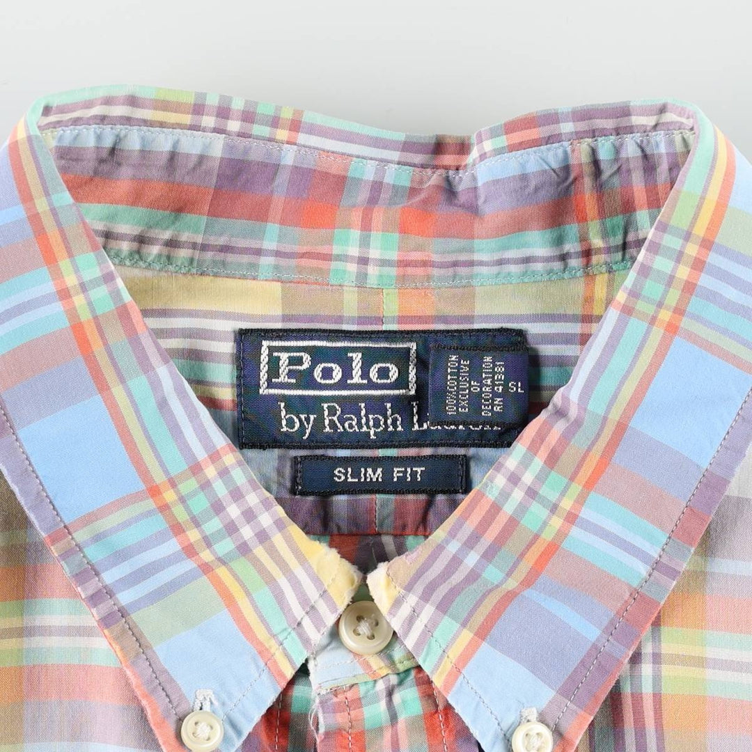 Ralph Lauren POLO by Ralph Lauren SLIM FIT Madras Check Long Sleeve Button-Down Check Shirt (Women's Size L equivalent) cotton Blue type light blue Vintage Second Hand