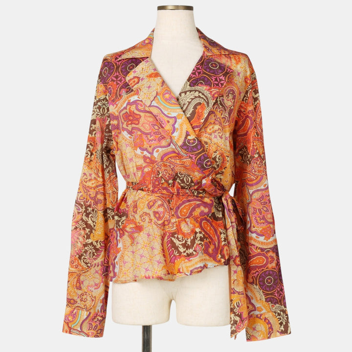 Ralph Lauren LAUREN All-over Paisley Pattern Cache-Coeur Long-Sleeve Open Collar Shirt Women's Size L (approx.) cotton orange type Vintage Second Hand