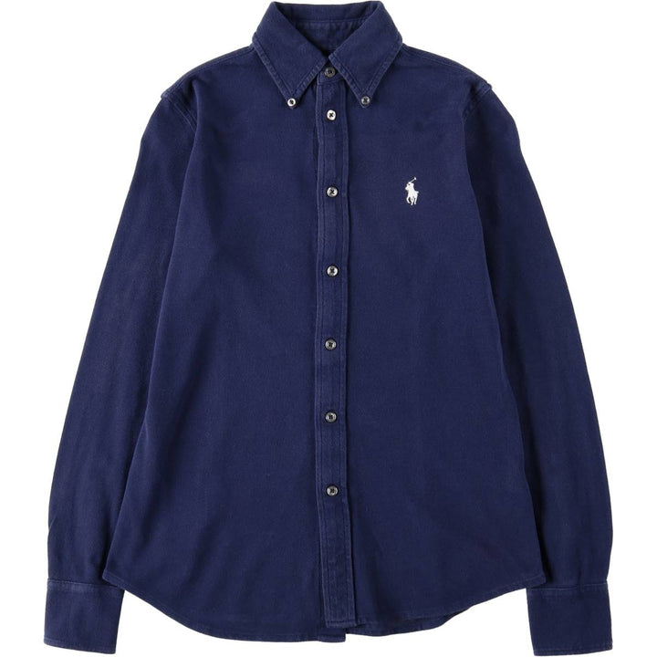 Ralph Lauren pique knit long-sleeved button-down shirt, women's size S (approx.) cotton navy blue type Vintage Second Hand