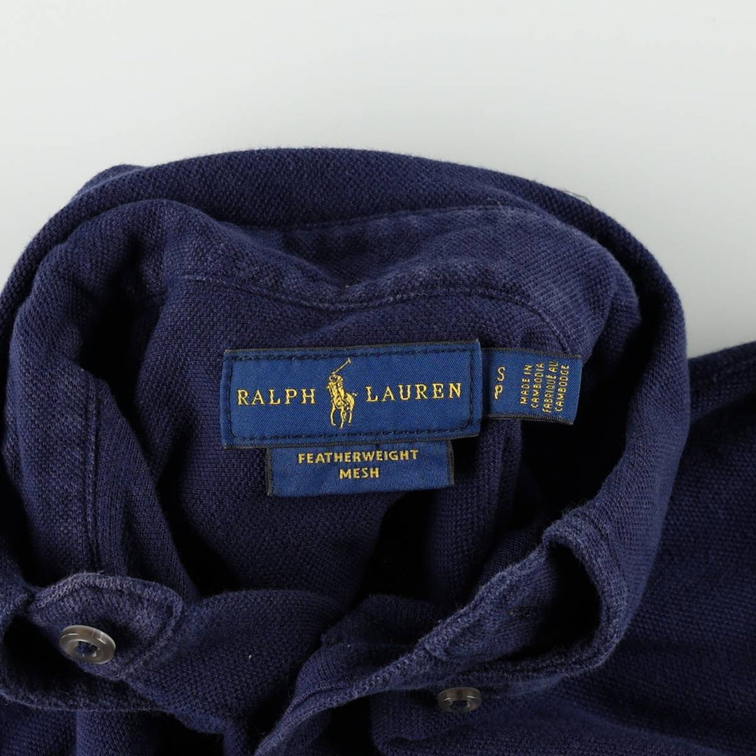 Ralph Lauren pique knit long-sleeved button-down shirt, women's size S (approx.) cotton navy blue type Vintage Second Hand