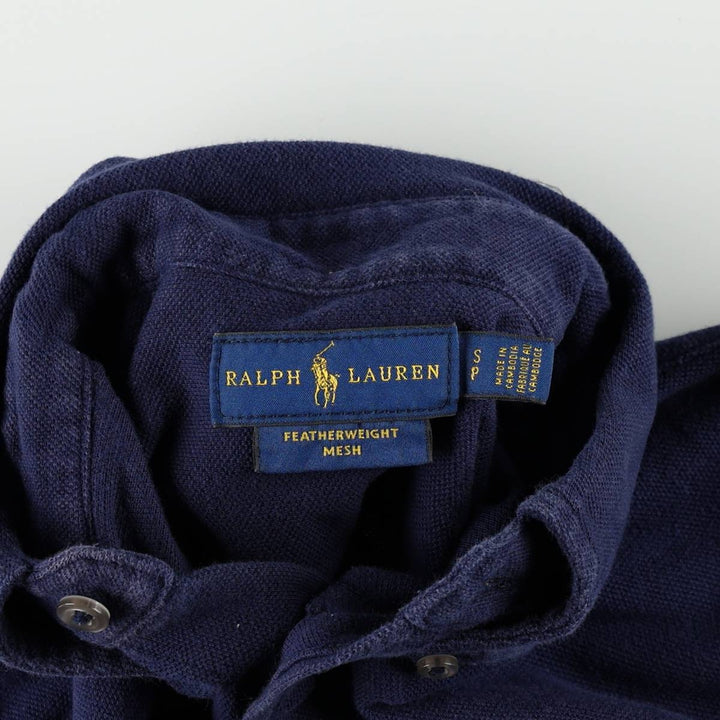 Ralph Lauren pique knit long-sleeved button-down shirt, women's size S (approx.) cotton navy blue type Vintage Second Hand