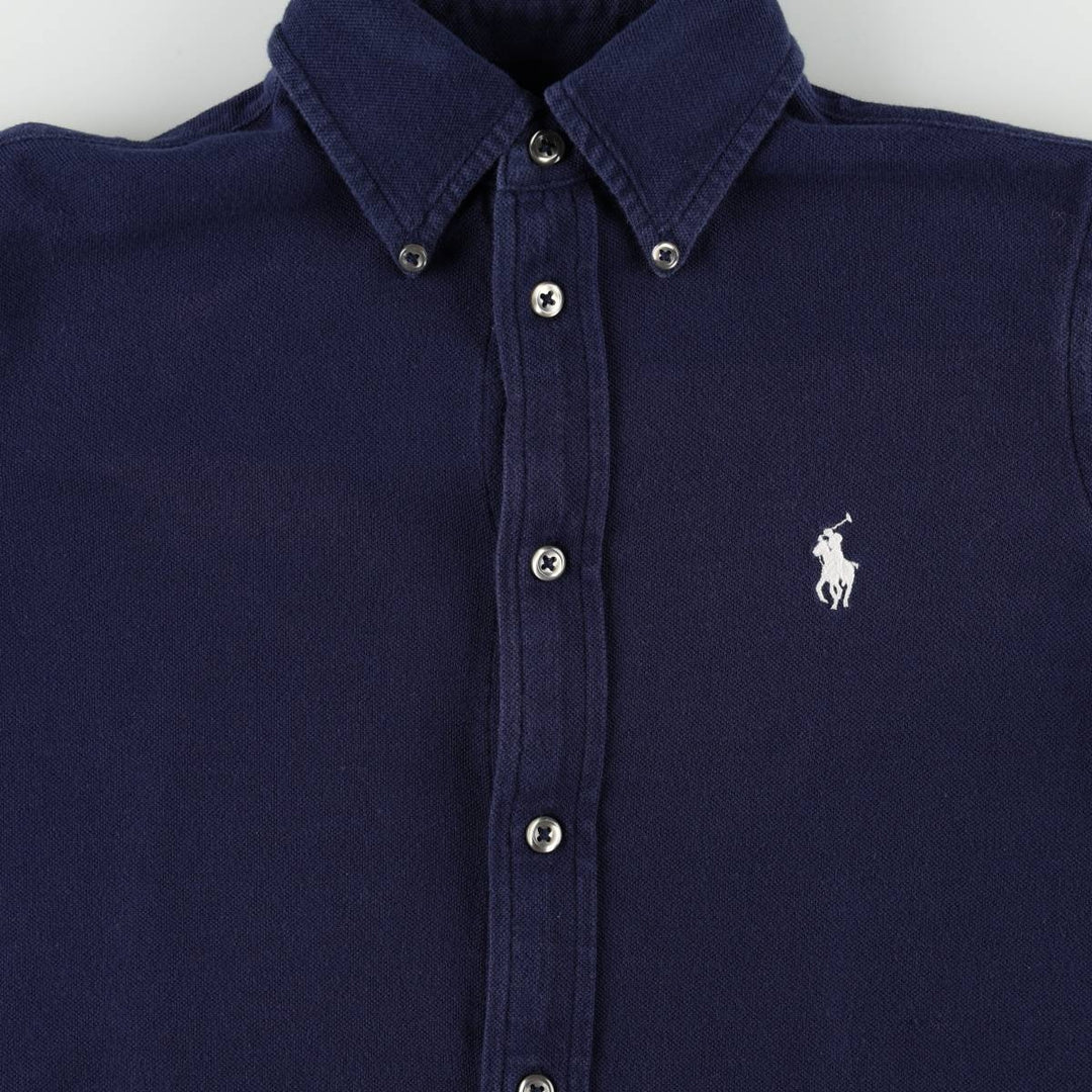 Ralph Lauren pique knit long-sleeved button-down shirt, women's size S (approx.) cotton navy blue type Vintage Second Hand