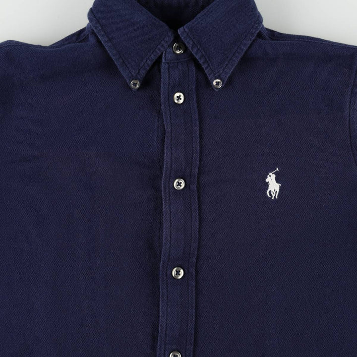 Ralph Lauren pique knit long-sleeved button-down shirt, women's size S (approx.) cotton navy blue type Vintage Second Hand