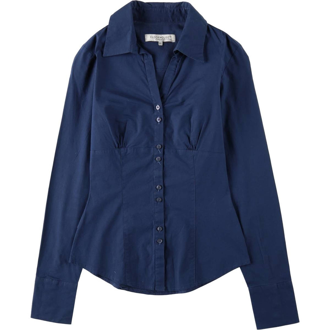 C and A CLOCKHOUSE Skipper Collar Long Sleeve Blouse (Women's Size XS) cotton navy blue type Vintage Second Hand