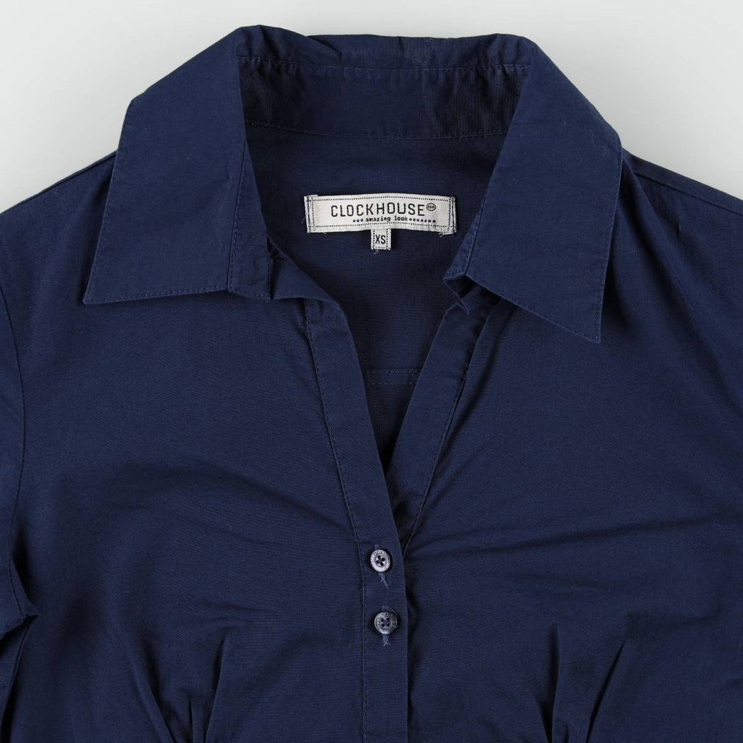 C and A CLOCKHOUSE Skipper Collar Long Sleeve Blouse (Women's Size XS) cotton navy blue type Vintage Second Hand