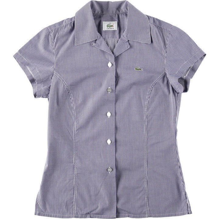 Lacoste Gingham Check Short-Sleeve Open-Collar Cotton Shirt, Boxy Fit, Women's Size M (approx.) cotton navy blue type Vintage Second Hand