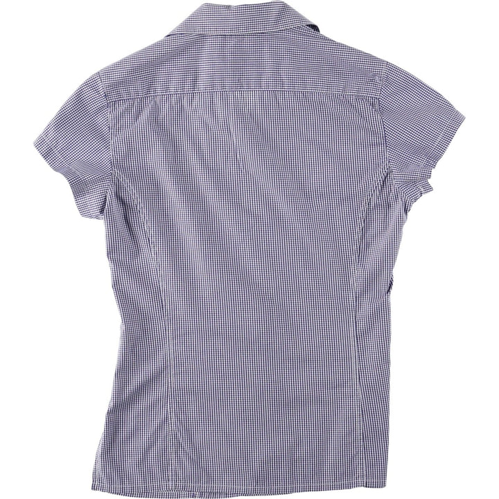 Lacoste Gingham Check Short-Sleeve Open-Collar Cotton Shirt, Boxy Fit, Women's Size M (approx.) cotton navy blue type Vintage Second Hand