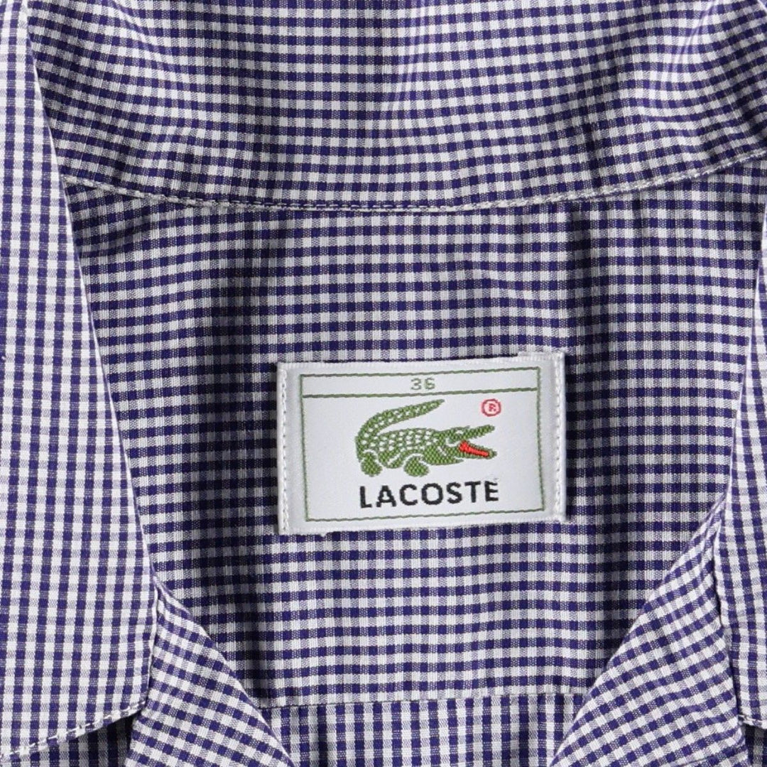 Lacoste Gingham Check Short-Sleeve Open-Collar Cotton Shirt, Boxy Fit, Women's Size M (approx.) cotton navy blue type Vintage Second Hand