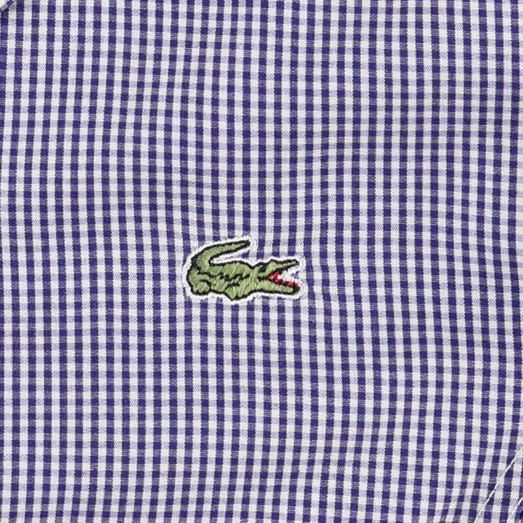 Lacoste Gingham Check Short-Sleeve Open-Collar Cotton Shirt, Boxy Fit, Women's Size M (approx.) cotton navy blue type Vintage Second Hand