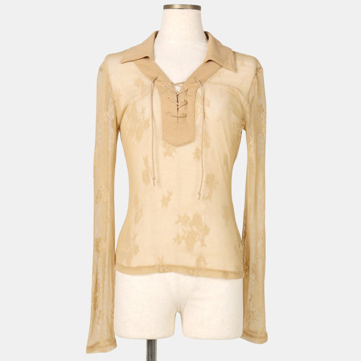 Guess Jeans All-over Botanical Pattern Skipper Collar Lace-up Pullover Long Sleeve See-through Shirt Women's Size M (approx.) unclear Beige type Vintage Second Hand