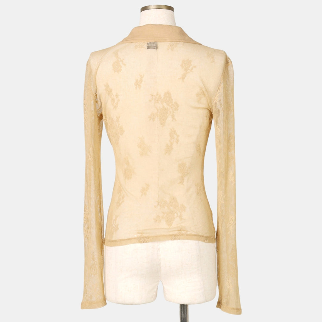 Guess Jeans All-over Botanical Pattern Skipper Collar Lace-up Pullover Long Sleeve See-through Shirt Women's Size M (approx.) unclear Beige type Vintage Second Hand