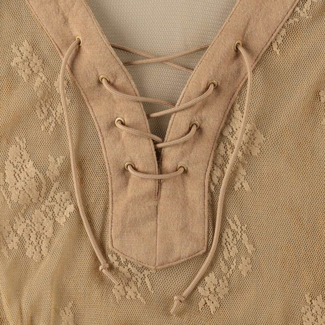 Guess Jeans All-over Botanical Pattern Skipper Collar Lace-up Pullover Long Sleeve See-through Shirt Women's Size M (approx.) unclear Beige type Vintage Second Hand
