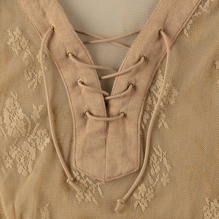 Guess Jeans All-over Botanical Pattern Skipper Collar Lace-up Pullover Long Sleeve See-through Shirt Women's Size M (approx.) unclear Beige type Vintage Second Hand