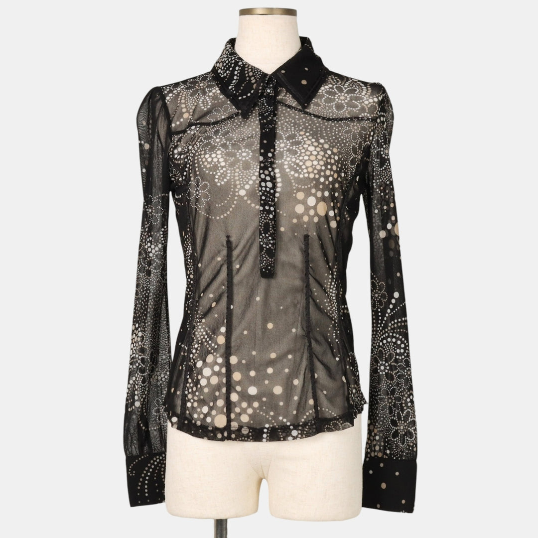 MEXX All-over print half-button long-sleeve sheer shirt, women's size S (approx.) Nylon black type Vintage Second Hand