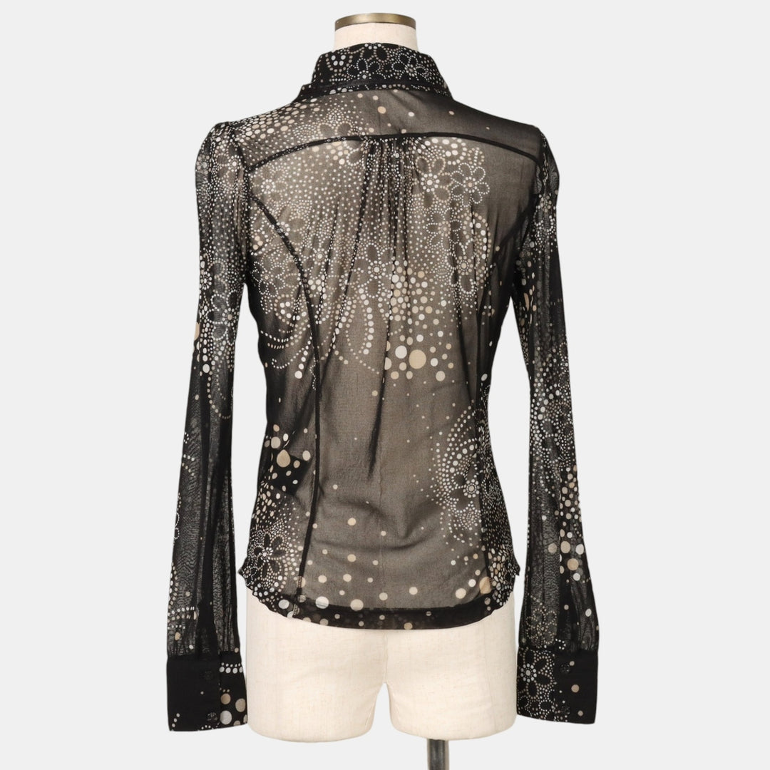 MEXX All-over print half-button long-sleeve sheer shirt, women's size S (approx.) Nylon black type Vintage Second Hand
