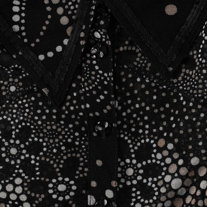 MEXX All-over print half-button long-sleeve sheer shirt, women's size S (approx.) Nylon black type Vintage Second Hand