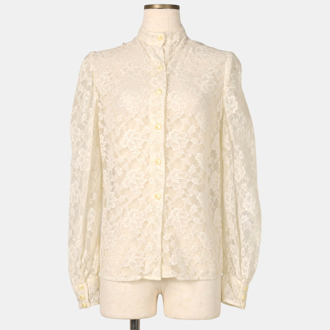 Stand-collar, all-over lace, long-sleeved, sheer shirt, boxy style, women's size M. unclear white type Vintage Second Hand