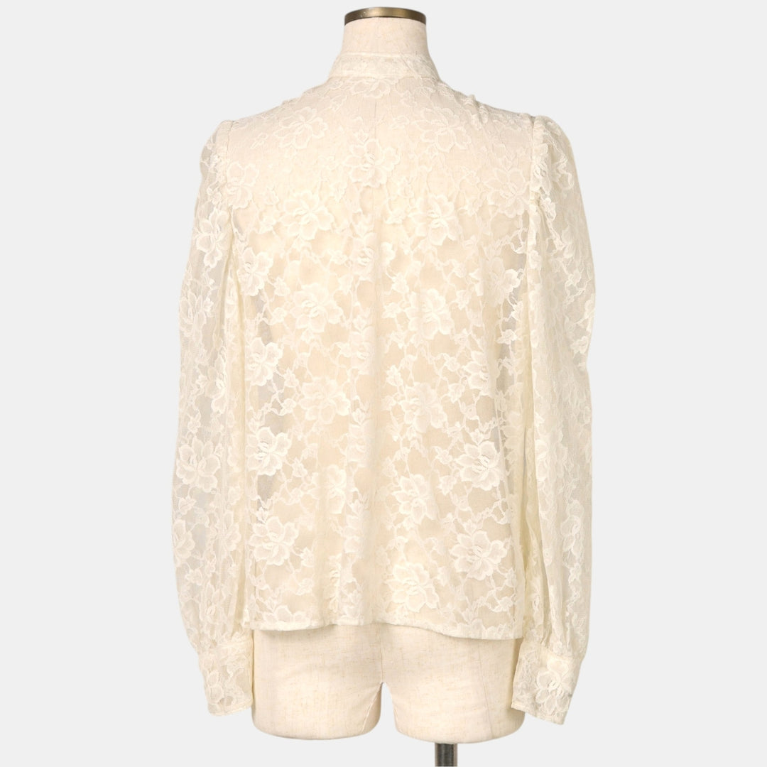Stand-collar, all-over lace, long-sleeved, sheer shirt, boxy style, women's size M. unclear white type Vintage Second Hand