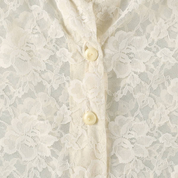 Stand-collar, all-over lace, long-sleeved, sheer shirt, boxy style, women's size M. unclear white type Vintage Second Hand