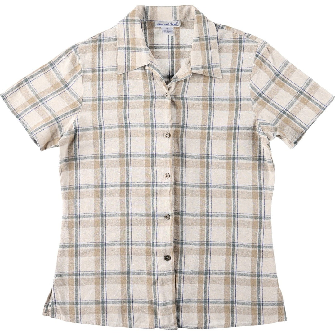 Anna and Frank Check Pattern Short-Sleeve Open Collar Silk Shirt, Boxy Shirt, Women's Size M (approx.) silk ivory Vintage Second Hand