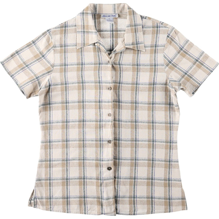 Anna and Frank Check Pattern Short-Sleeve Open Collar Silk Shirt, Boxy Shirt, Women's Size M (approx.) silk ivory Vintage Second Hand