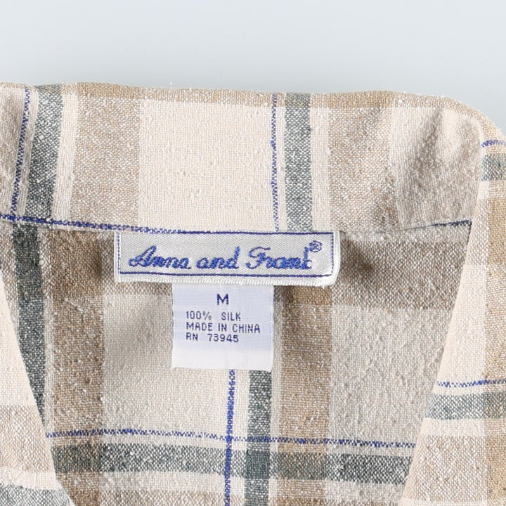 Anna and Frank Check Pattern Short-Sleeve Open Collar Silk Shirt, Boxy Shirt, Women's Size M (approx.) silk ivory Vintage Second Hand