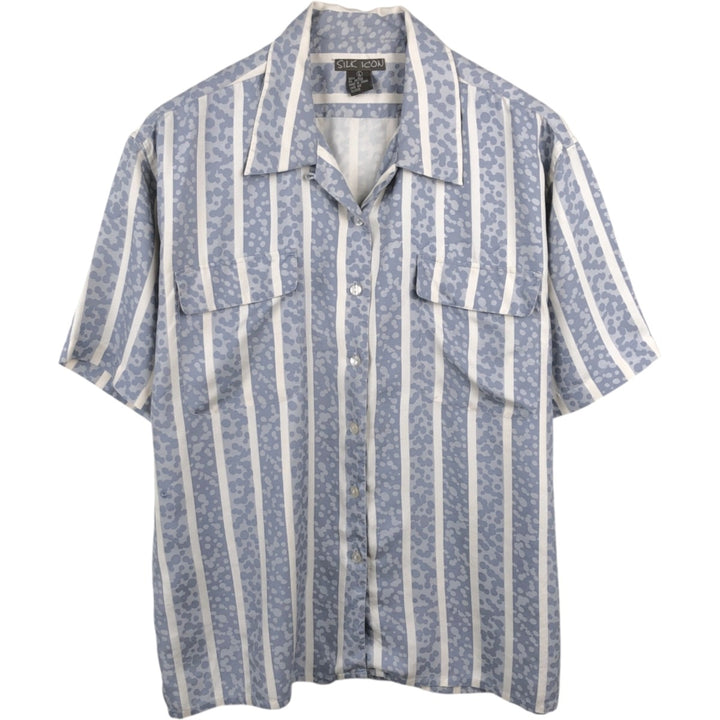 SILK ICON All-over Stripe Pattern Short-Sleeve Open Collar Silk Shirt Box Shirt Women's Size L silk Blue type light blue Vintage Second Hand