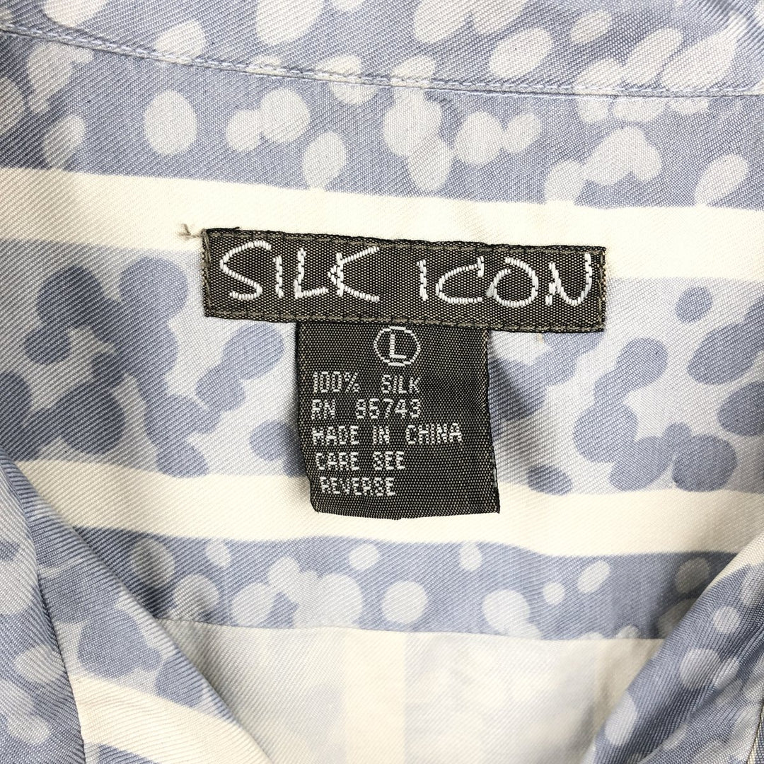SILK ICON All-over Stripe Pattern Short-Sleeve Open Collar Silk Shirt Box Shirt Women's Size L silk Blue type light blue Vintage Second Hand