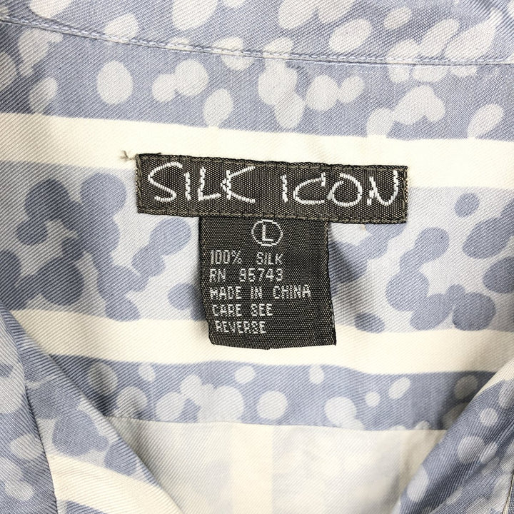 SILK ICON All-over Stripe Pattern Short-Sleeve Open Collar Silk Shirt Box Shirt Women's Size L silk Blue type light blue Vintage Second Hand