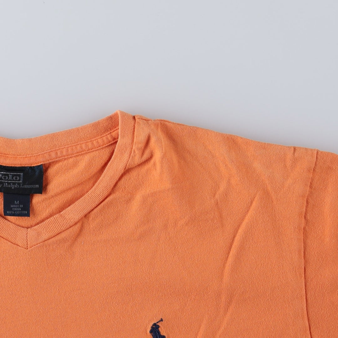 Ralph Lauren POLO by Ralph Lauren V-neck short-sleeved T-shirt with a single logo, men's size M (approx.) cotton orange type Vintage Second Hand