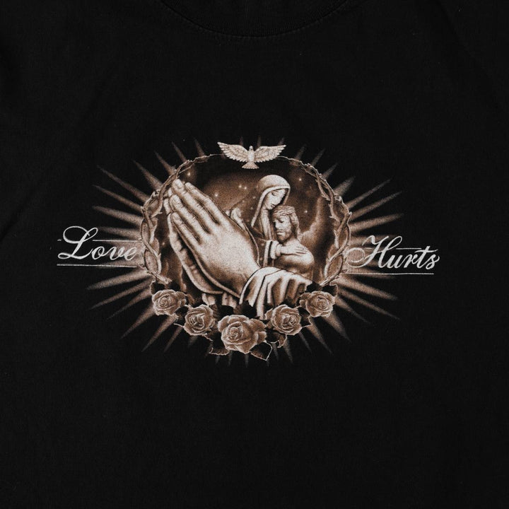 D'Naty HORY MOTHER Virgin Mary JESUS CHRIST Print T-Shirt (Men's XL equivalent) cotton black type Vintage Second Hand
