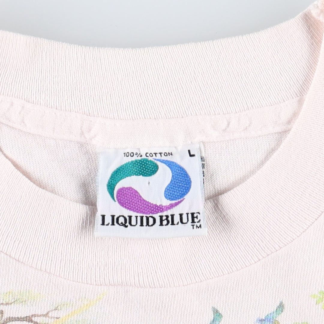 90'S Liquid Blue Tie-Dye Pattern Large Print Animal T-Shirt, Made in USA, Men's Size L (Equivalent), Vintage cotton pink type Vintage Second Hand