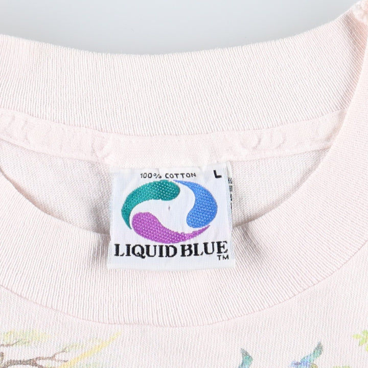 90'S Liquid Blue Tie-Dye Pattern Large Print Animal T-Shirt, Made in USA, Men's Size L (Equivalent), Vintage cotton pink type Vintage Second Hand