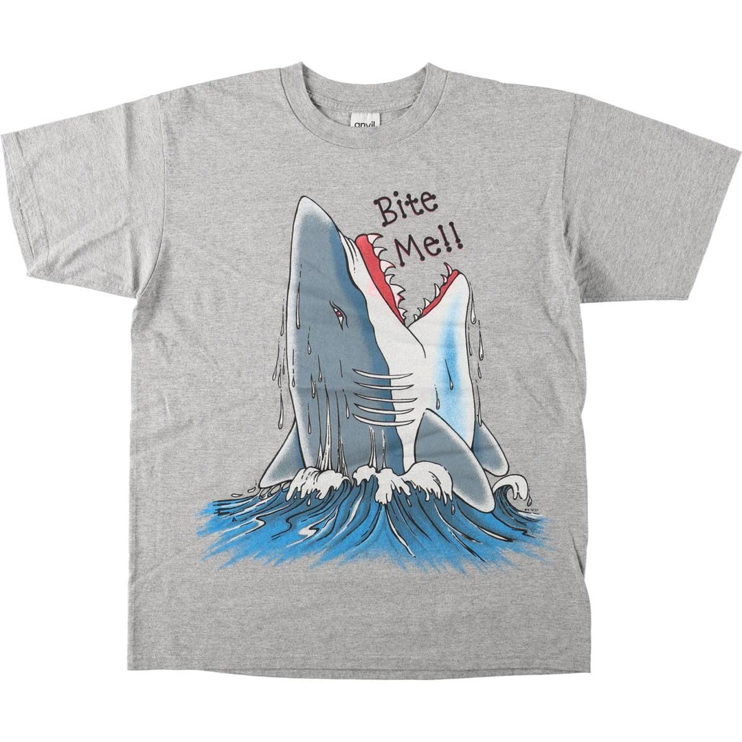 2000'S Anvil Shark Pattern Print T-Shirt, Made in USA, Men's Size L (approx.) cotton gray type Vintage Second Hand