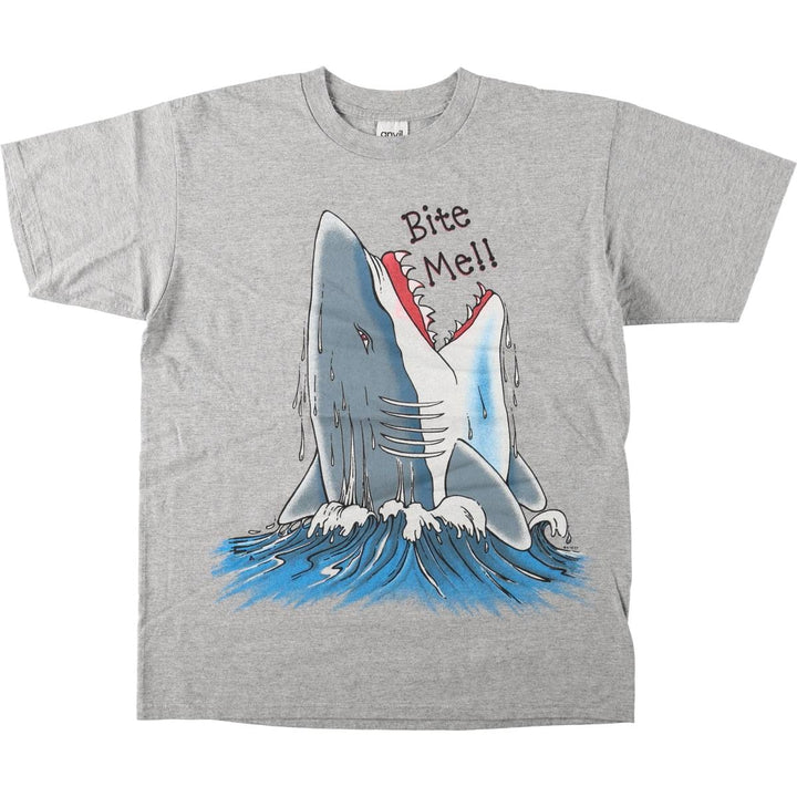 2000'S Anvil Shark Pattern Print T-Shirt, Made in USA, Men's Size L (approx.) cotton gray type Vintage Second Hand