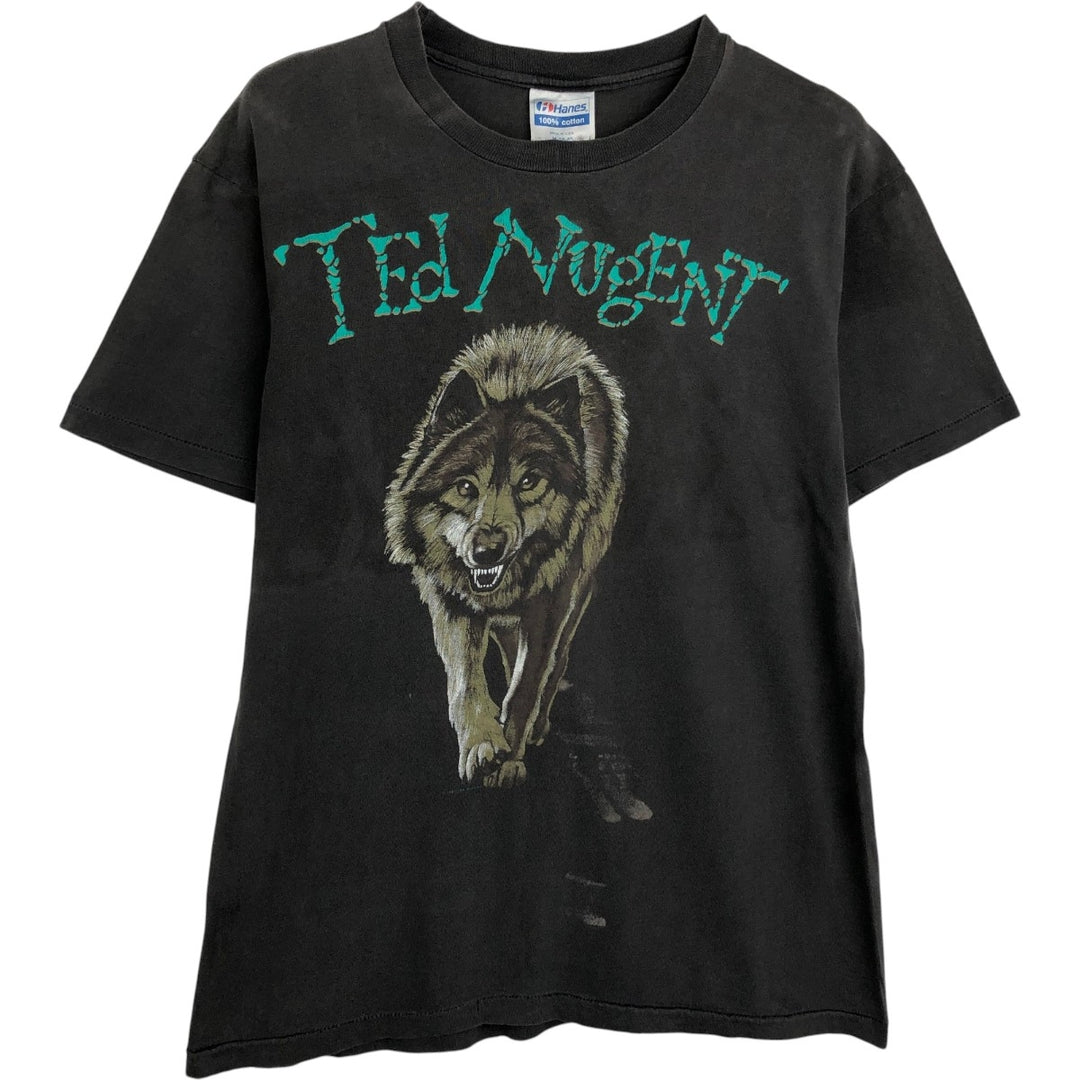 ~90'S Hanes Ted Nugent Wolf Pattern Band T-Shirt, Made in USA, Men's Size M (Equivalent), Vintage cotton black type Vintage Second Hand
