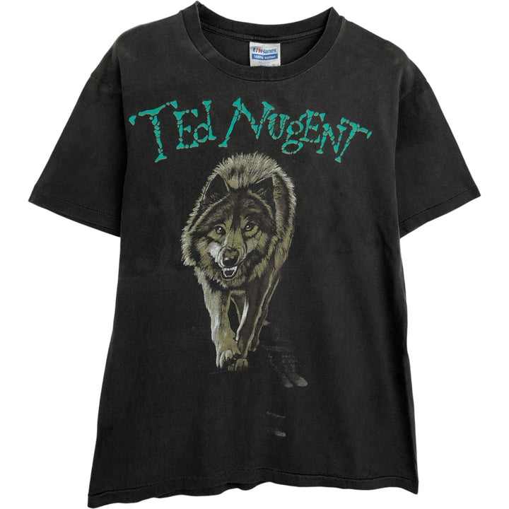 ~90'S Hanes Ted Nugent Wolf Pattern Band T-Shirt, Made in USA, Men's Size M (Equivalent), Vintage cotton black type Vintage Second Hand