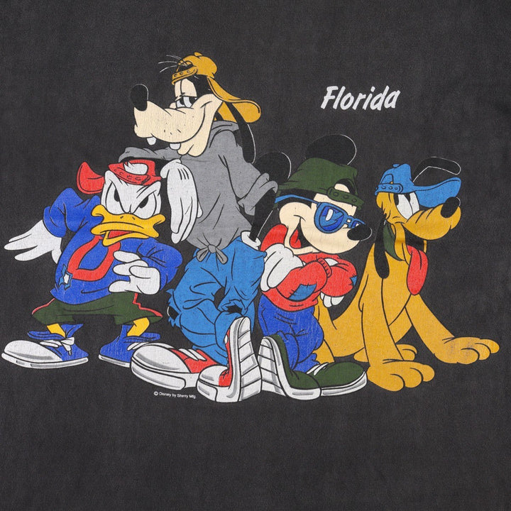 90s-era SHERRY'S DISNEY Disney character print T-shirt, men's size XL (approx.) cotton black type Vintage Second Hand