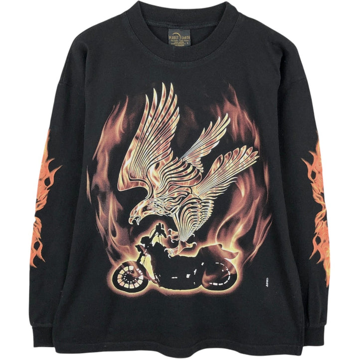 Planet Earth Fire Pattern Eagle Pattern Long-Sleeve T-Shirt (Men's Size L) cotton black type Vintage Second Hand